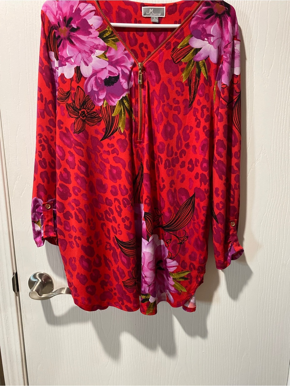 JM Collection Red and Pink Floral-Print Zip-Neck Tunic